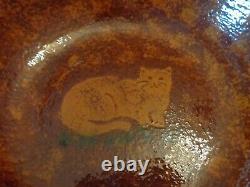 Signed Ned Foltz Pottery Redware Folk Art Cat Design Serving Bowl, 1987