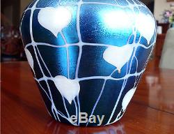 Signed, Numbered Durand Iridescent Blue Decorated Leaf and Vine Art Glass Vase