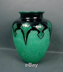Signed Steuben Art Deco Jade Green Acid Cut Back Mirror Black Chrysanthemum Vase