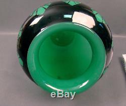 Signed Steuben Art Deco Jade Green Acid Cut Back Mirror Black Chrysanthemum Vase