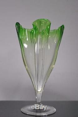 Signed Steuben Grotesque Crystal Vase Green To Clear