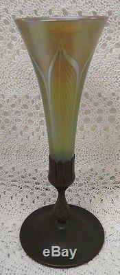 Signed Tiffany Pulled Feather Trumpet Vase Bronze Gold Dore Base Circa 1905