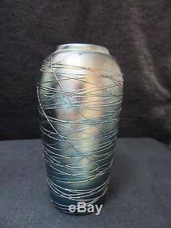 Signed Vintage Threaded Durand Blue Vase-silver And Blue Iridescence