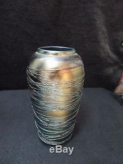 Signed Vintage Threaded Durand Blue Vase-silver And Blue Iridescence