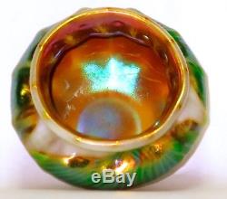 Small L. C. Tiffany Decorated Iridescent Small Cabinet Vase or Salt withFeathers