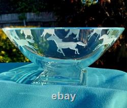 Stephen Schlanser Glass Bowl, Galloping Horses with Step Base, Signed, 1994