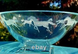 Stephen Schlanser Glass Bowl, Galloping Horses with Step Base, Signed, 1994