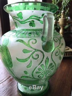 Steuben Acid Etched Cutback Green Jade Over Alabaster Art Glass Vase Roman
