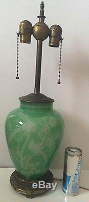 Steuben Acid Etched Green Jade Over Alabaster Art Glass Vase As Lamp