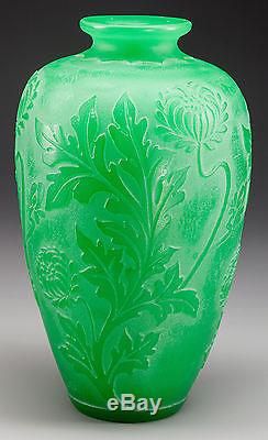 Steuben Acid Etched Green Vase Thistle Design Signature Etched on Vase