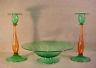 Steuben Art Glass Pomona Green & Rosa Optic Swirl 3 Piece Console Set