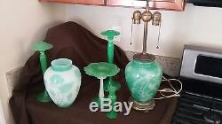 Steuben Art Glass Set, circa 1920's, Vase, Lamp, Candlesticks, Bud Vase, Compote