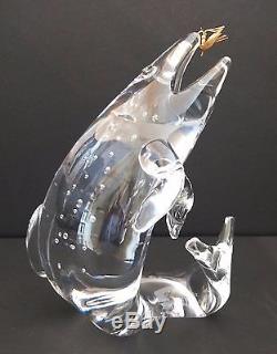Steuben Art Glass Trout With 18K Gold Fly Figurine By James Houston #1022 Signed