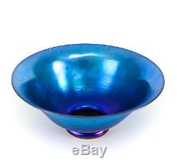 Steuben Aurene Art Glass Footed Bowl, Blue Iridescent, c1910 Marked'Aurene
