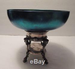 Steuben Aurene Blue Signed Centerpiece Pedestal Bowl With Pairpoint Base Superb