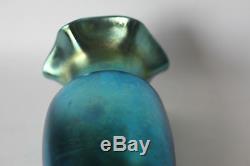 Steuben Blue Aurene Art Glass Vase Iridescent 8 Fluted Edge