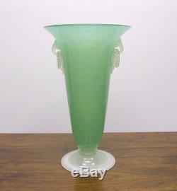 Steuben Carder Glass Vase Green Jade & Alabaster Open Ring Handled 2909