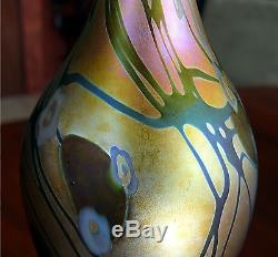 Steuben Gold Aurene Millefiori Tall Slender Vase in Silver Cherubs Holder