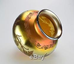 Steuben Gold Aurene Over Black Engraved Art Glass Vase Circa 1920's