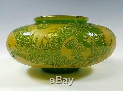 Steuben Rare Antique Yellow & Green Jade Engraved Dragon Art Glass Vase