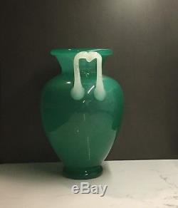 Steuben Vase w Applied M Handles in Green Jade Alabaster Shape #8508