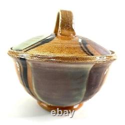 Studio Pottery Covered Bowl with Handle Signed Stamped Functional Art Glazed 8.5