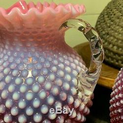 Stunning Fenton Cranberry Opalescent Hobnail Pitcher with Five 4 3/4 Tumblers