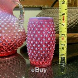 Stunning Fenton Cranberry Opalescent Hobnail Pitcher with Five 4 3/4 Tumblers