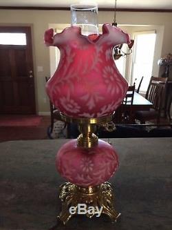 Stunning Fenton /LG Wright Daisy & Fern Cranberry Satin Glass Lamp