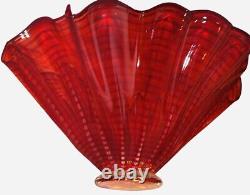 Stunning Red Amber Ruffle Hand Blown Art Glass Bowl. Signed