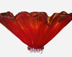 Stunning Red Amber Ruffle Hand Blown Art Glass Bowl. Signed