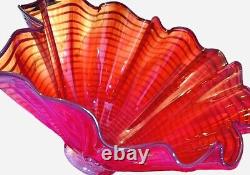 Stunning Red Amber Ruffle Hand Blown Art Glass Bowl. Signed