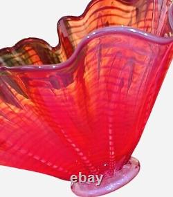 Stunning Red Amber Ruffle Hand Blown Art Glass Bowl. Signed