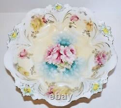 Stunning Vintage Rs Prussia Porcelain Unmarked Pink & Yellow Roses 9 1/4 Bowl