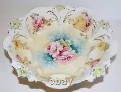 Stunning Vintage Rs Prussia Porcelain Unmarked Pink & Yellow Roses 9 1/4 Bowl
