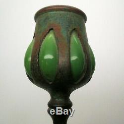 TALL Antique TIFFANY STUDIOS Candlestick BRONZE Green Glass NOUVEAU Arrts Crafts