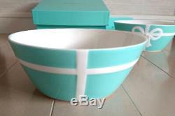 TIFFANY & CO BONE CHINA Blue Bow Ribbon Bowl 2pcs Set gift box Plate Dish