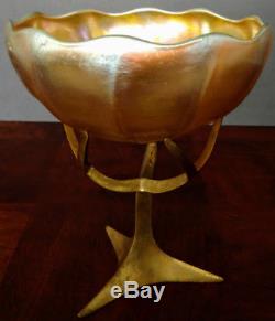 TIFFANY FAVRILE Art Glass Gold+ 1894 Old Large Bowl rare witha rare stand