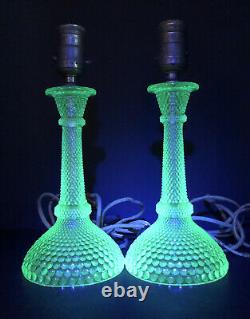TWO GREEN VASELINE Uranium Fine HOBNAIL Dewdrop Candlestick Boudoir Table Lamps