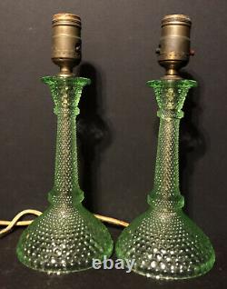 TWO GREEN VASELINE Uranium Fine HOBNAIL Dewdrop Candlestick Boudoir Table Lamps