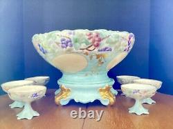 T & V Limoges France 14 Punch Bowl Stand And 6 Footed Punch cups