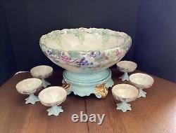 T & V Limoges France 14 Punch Bowl Stand And 6 Footed Punch cups