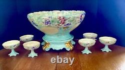 T & V Limoges France 14 Punch Bowl Stand And 6 Footed Punch cups