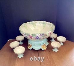 T & V Limoges France 14 Punch Bowl Stand And 6 Footed Punch cups