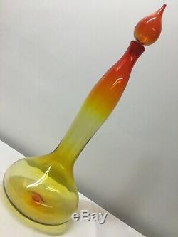 Tall Amberina Blenko Art Glass Genie Decanter designed by W Husted. Mid Century