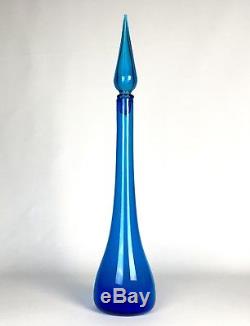Tall Vintage 1960s Blenko Glass Decanter Bottle Vibrant Blue