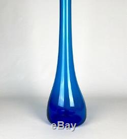 Tall Vintage 1960s Blenko Glass Decanter Bottle Vibrant Blue