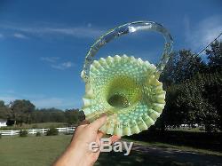 The LARGEST Fenton Art Glass Vaseline Topaz Opalescent Hobnail Basket 15 INCH