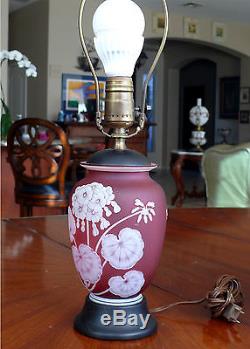 Thomas Webb English Cranberry Cameo Art Glass Vase Lamp with Shade Geranium