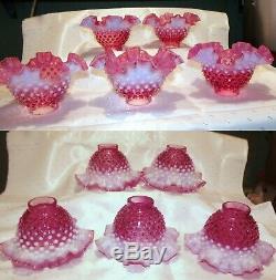 Three (3) FENTON Cranberry Opalescent Hobnail Torchier or Sconce Lamp Shades